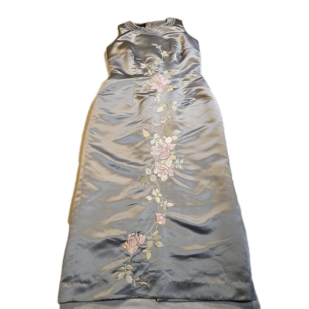 Donna Morgan Liquid Silver Floral Embroidered Sheath Dress Women's SZ 8 Formal